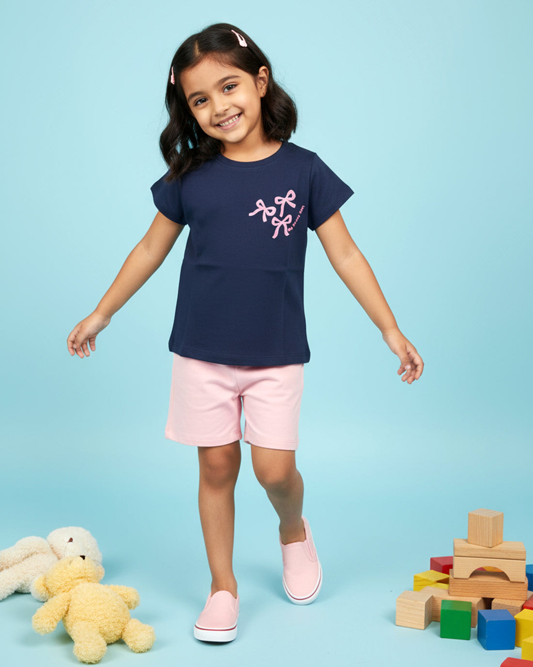 Girls' Graphic Print Crew Neck T-Shirt - Navy Blue