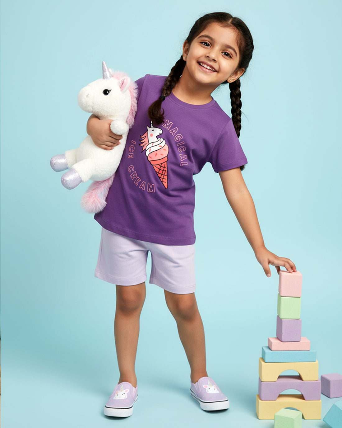 Girls' Graphic Print Crew Neck T-Shirt - Purple