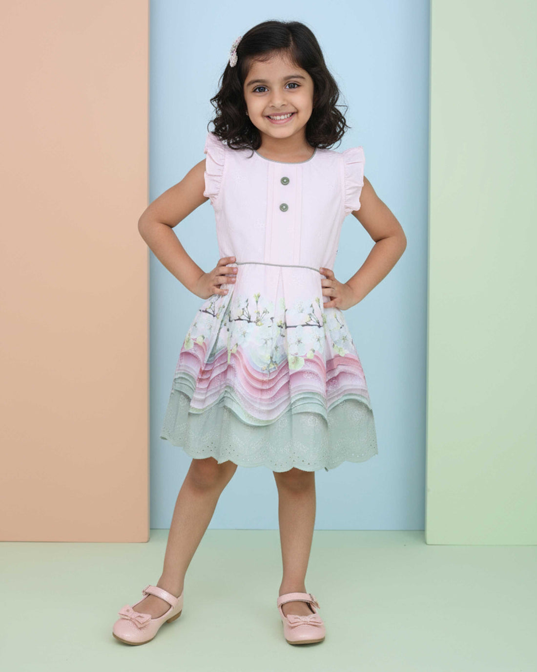 Girls' Ruffled Sleeve Pleated Fit & Flare Frock with Printed Skirt - Pink