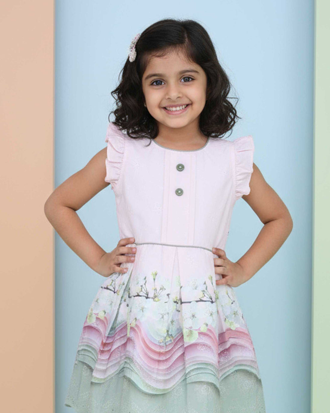 Girls' Ruffled Sleeve Pleated Fit & Flare Frock with Printed Skirt - Pink