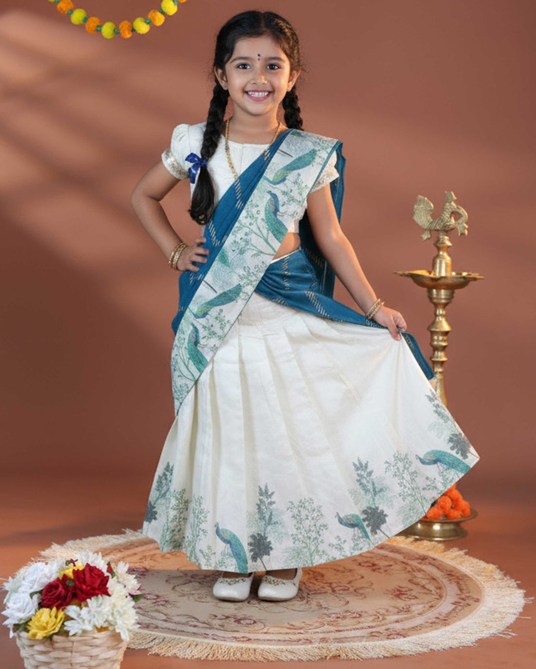 Girls' Traditional Dhavani Set with Attachable Traditional Dupatta and Peacock Embellishments - Cream