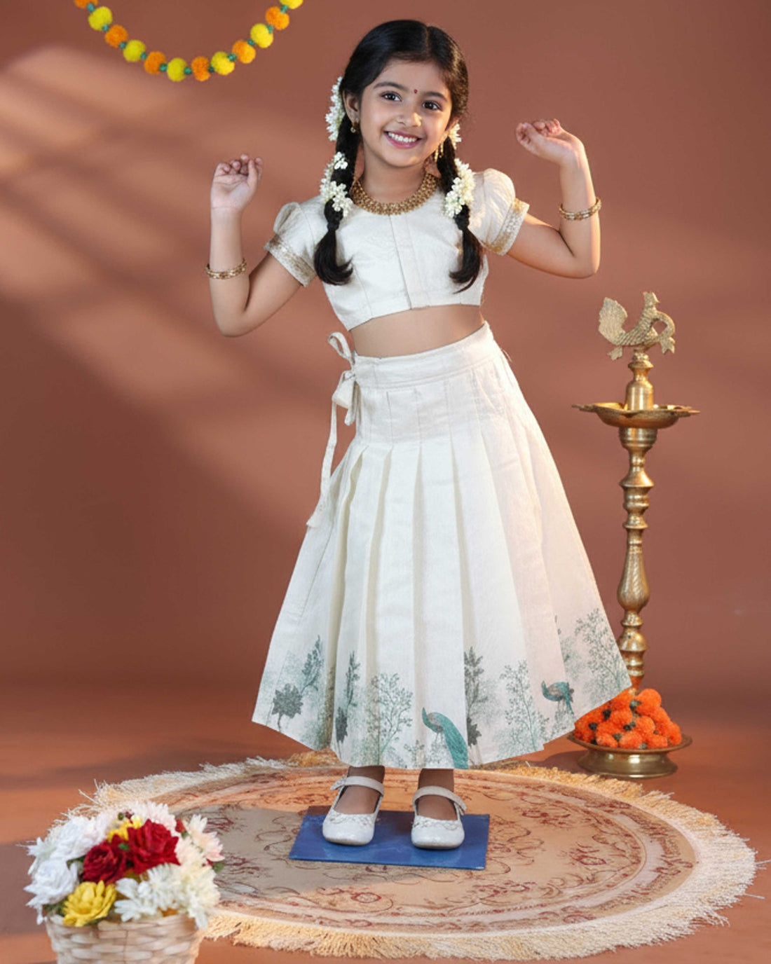 Girls' Traditional Dhavani Set with Attachable Traditional Dupatta and Peacock Embellishments - Cream