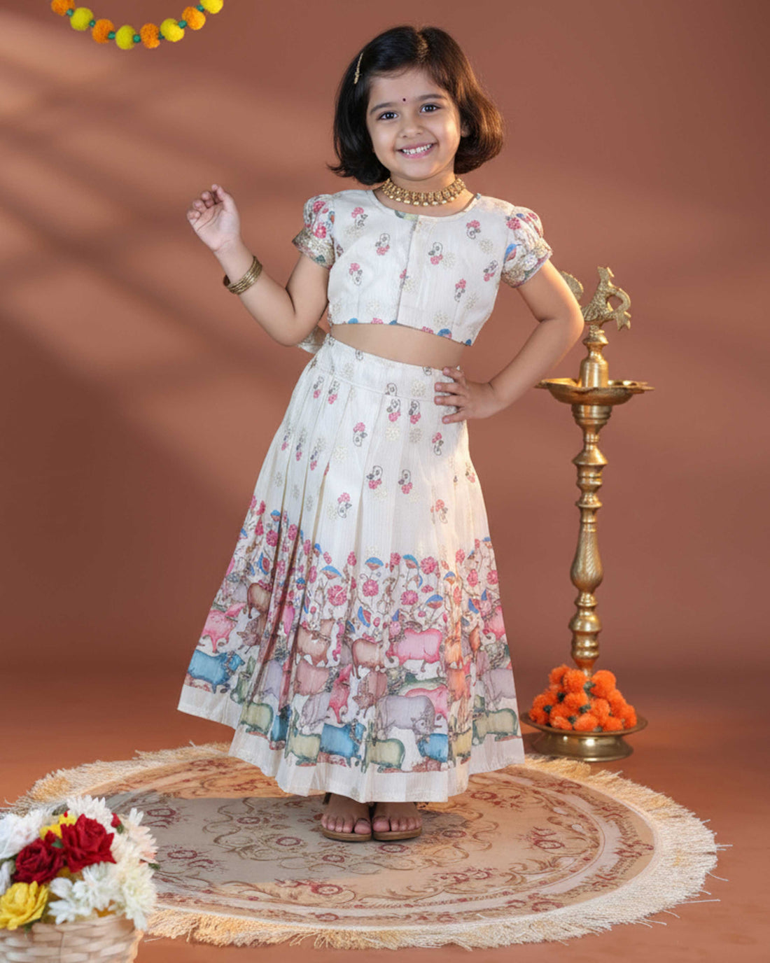Girls' Traditional Dhavani Set with Intricate Embroidery and Printed Detailing - Cream