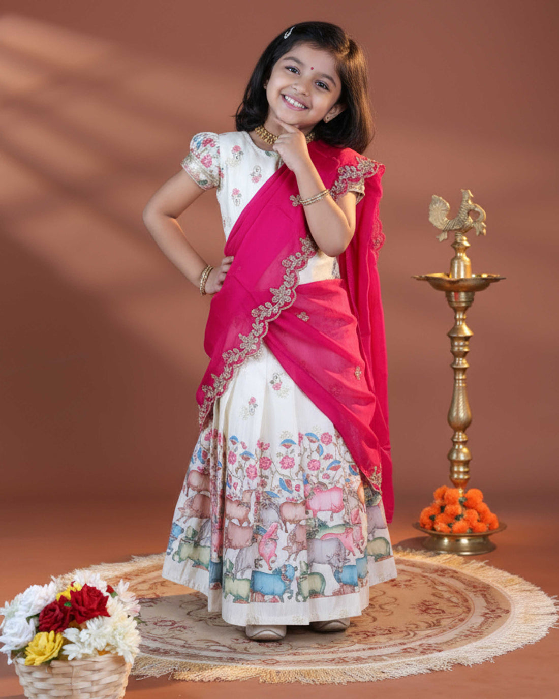 Girls' Traditional Dhavani Set with Intricate Embroidery and Printed Detailing - Cream