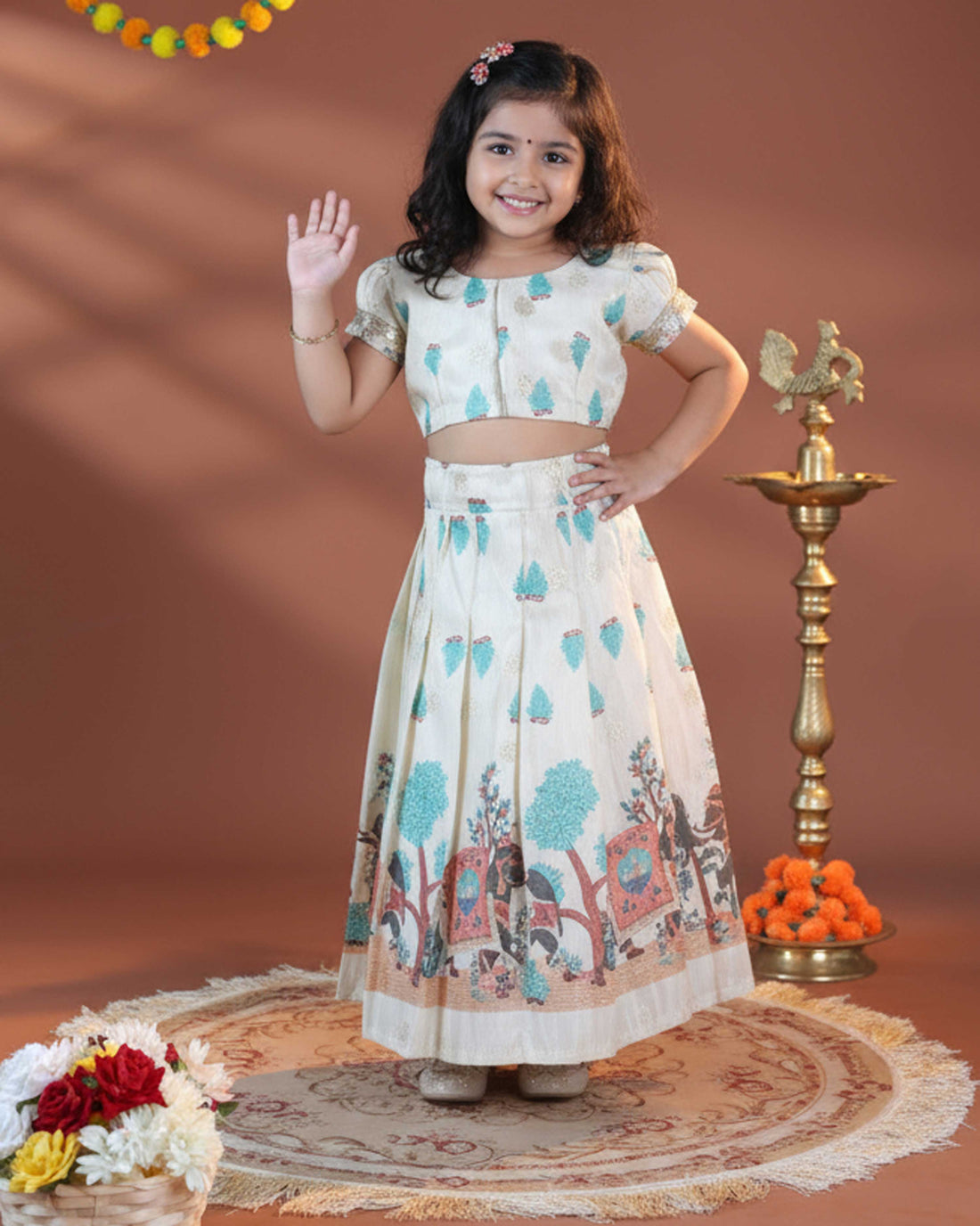 Girls' Traditional Dhavani Set with Kalamkari-Style Printed Skirt and Embellished Dupatta - Cream