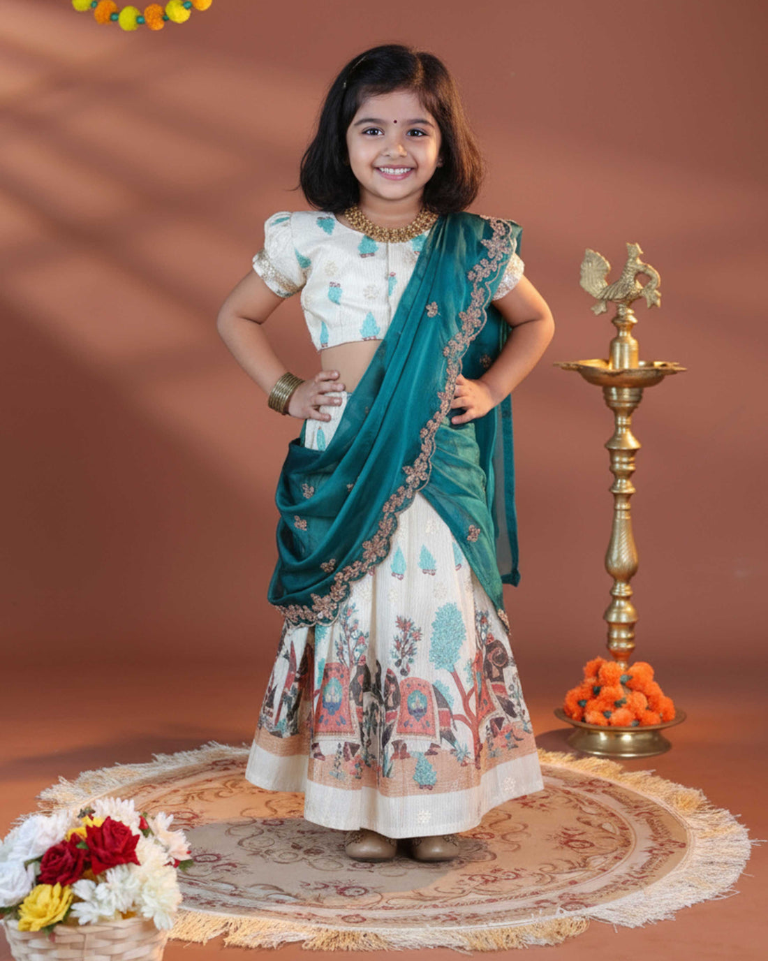 Girls' Traditional Dhavani Set with Kalamkari-Style Printed Skirt and Embellished Dupatta - Cream