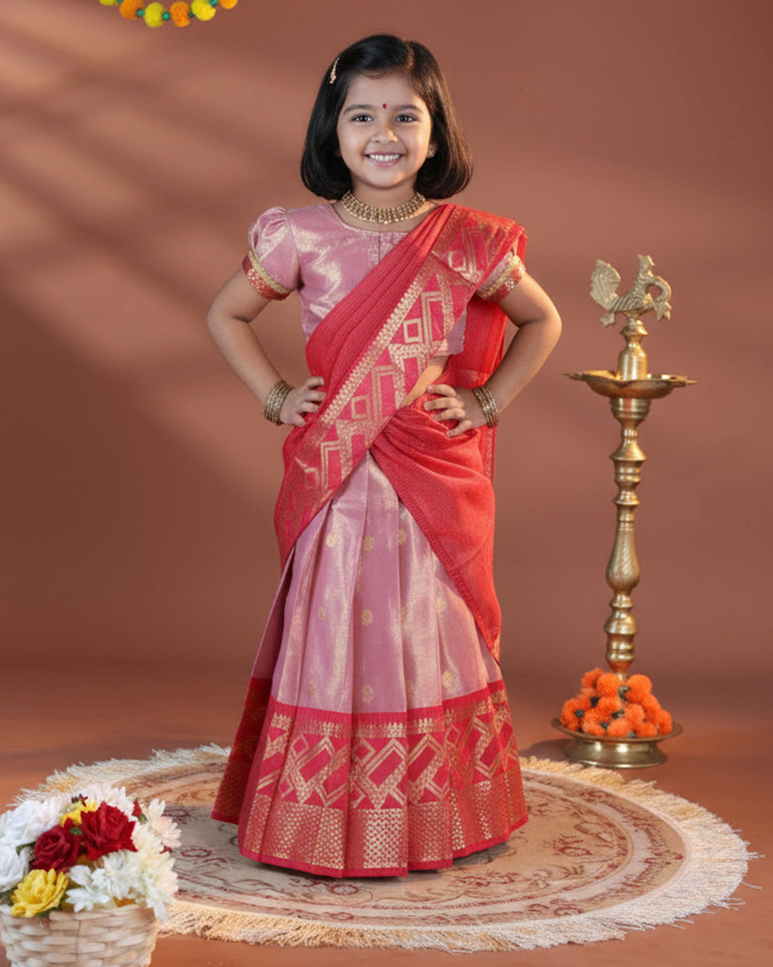 Girls' Traditional Ethnic Dhavani Set with Zari Brocade - Pink