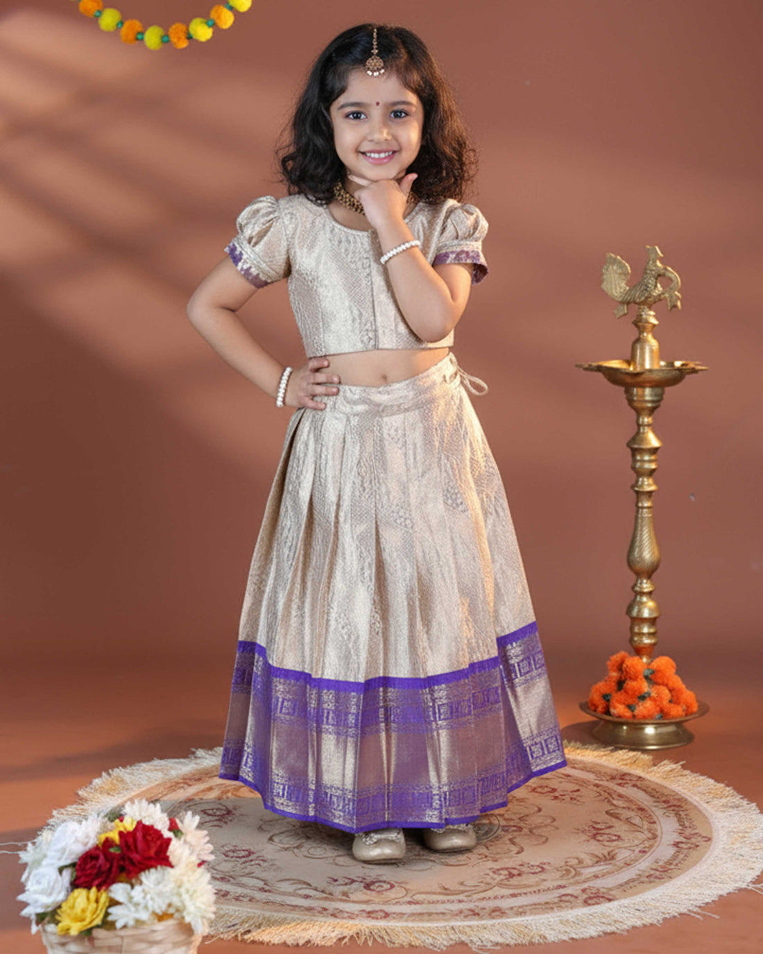 Girls' Traditional Pattu Pavadai Dhavani Set with Zari Border - Gold & Purple