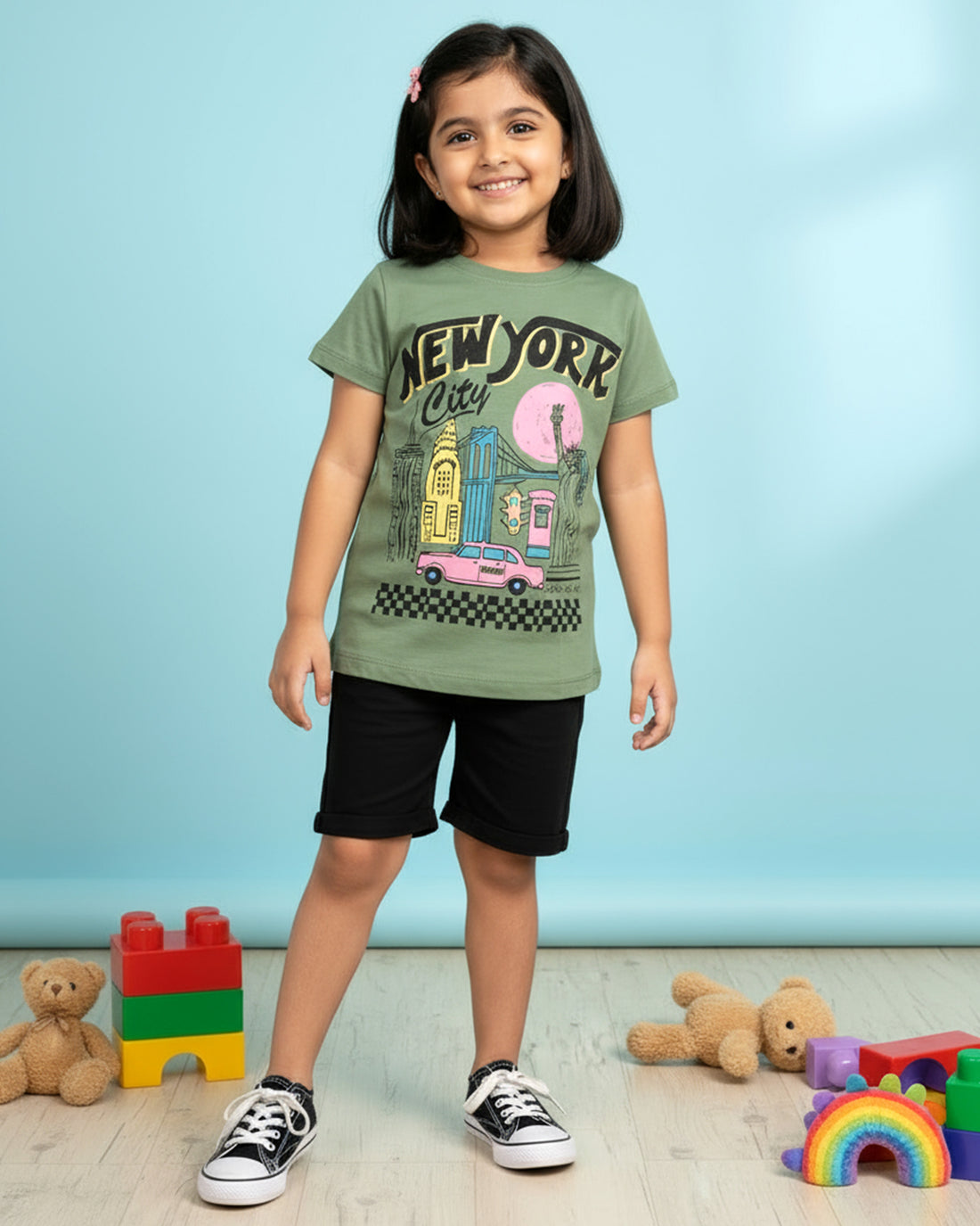 Girls' Graphic Print Crew Neck T-Shirt -Dark Green