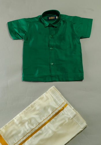 Green Colour Silk Cotton Dhoti & Shirt Set Shopping