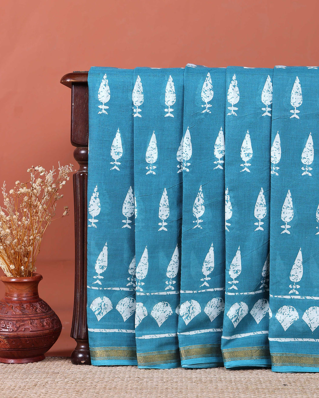 Hand-Block Printed Mul Mul Cotton Saree with Traditional Motifs - Blue