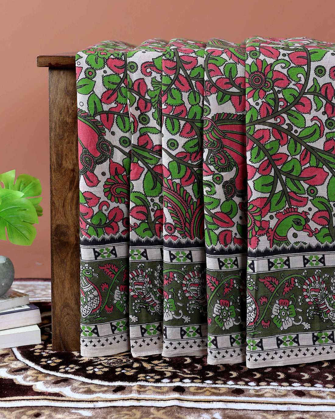 Hand-Painted Kalamkari Cotton Saree with Traditional Floral & Avian Motifs - Off White