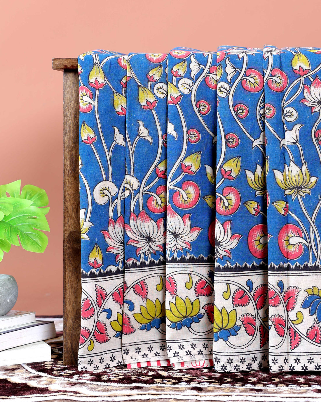 Hand-Painted Kalamkari Cotton Saree with Traditional Floral  Motifs - Blue