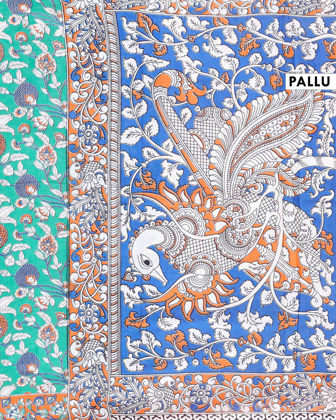 Hand-Painted Kalamkari Cotton Saree with Traditional Floral Motifs and Contrast Border - Green