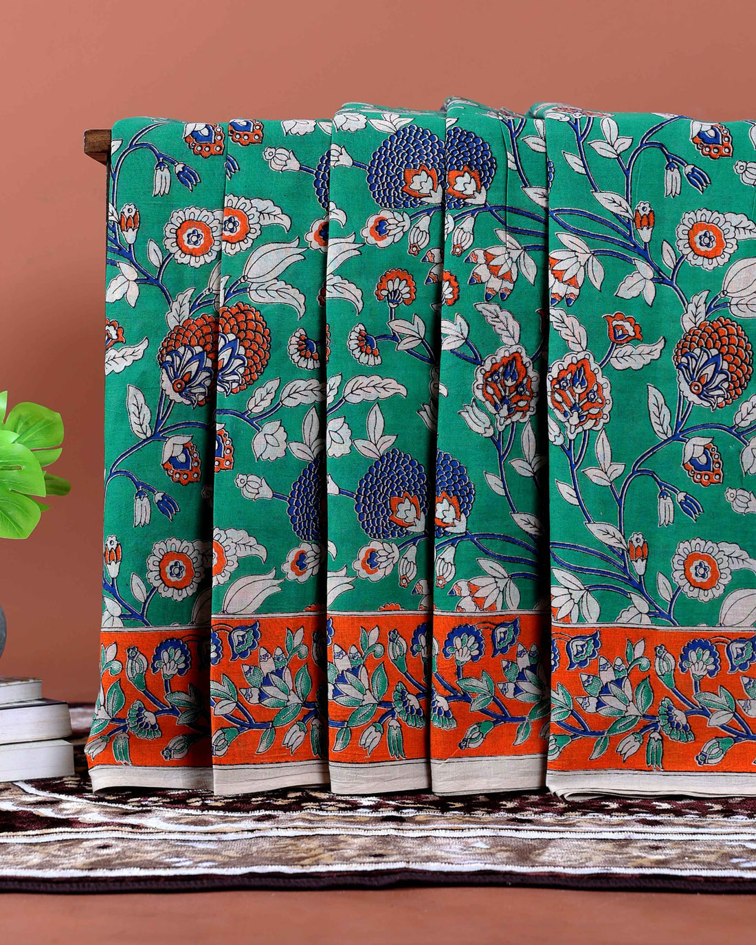 Hand-Painted Kalamkari Cotton Saree with Traditional Floral Motifs and Contrast Border - Green