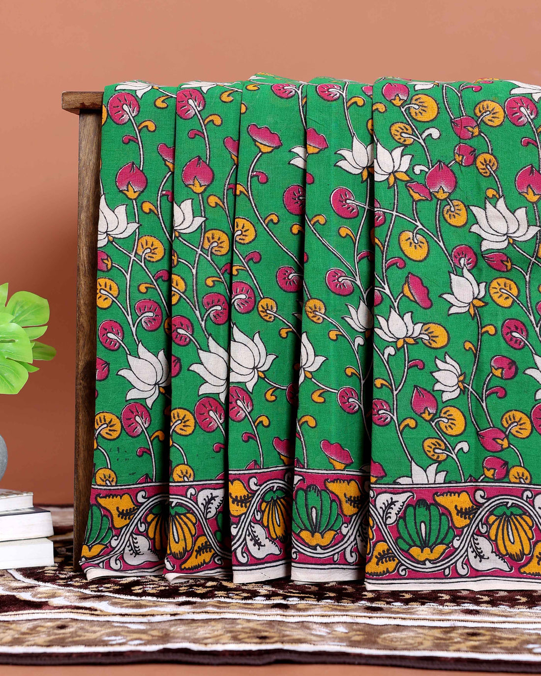 Hand-Painted Kalamkari Cotton Saree with Traditional Lotus and Floral Motifs - Green