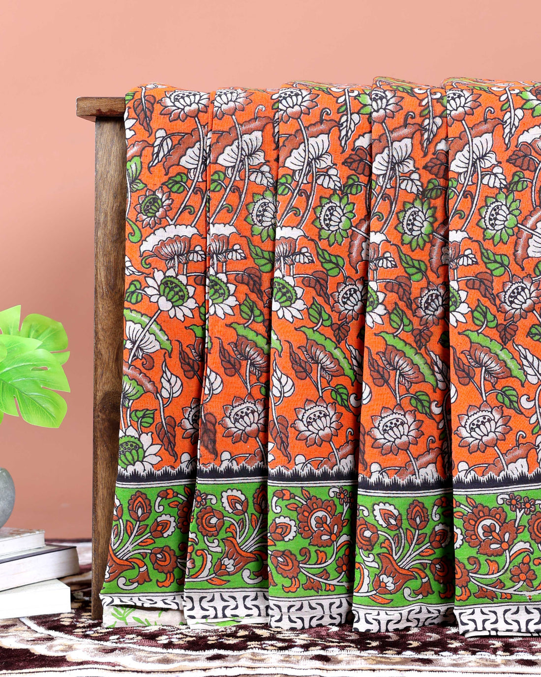Hand-Printed Kalamkari Cotton Saree with Intricate Border & Floral Design - Orange