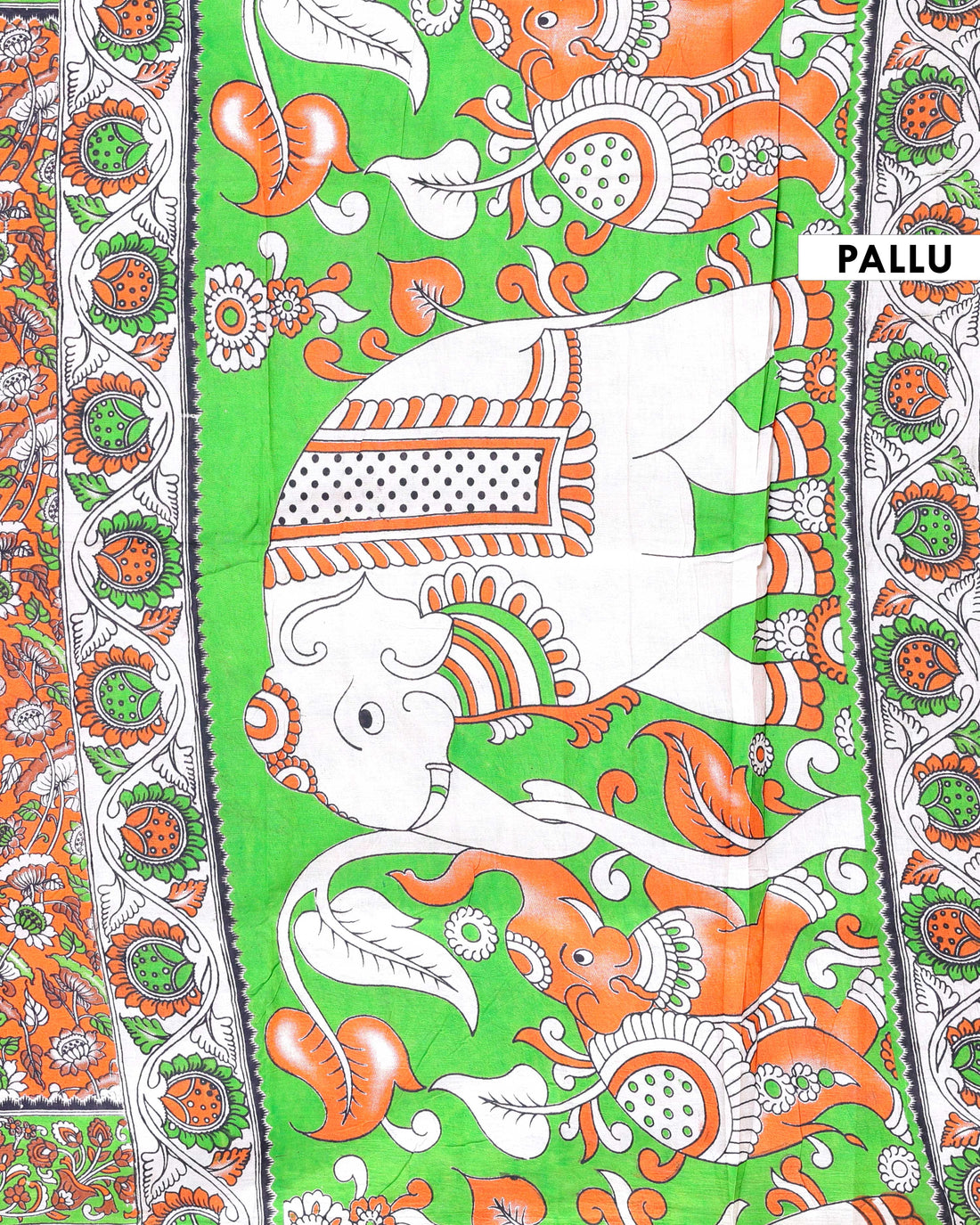 Hand-Printed Kalamkari Cotton Saree with Intricate Border & Floral Design - Orange