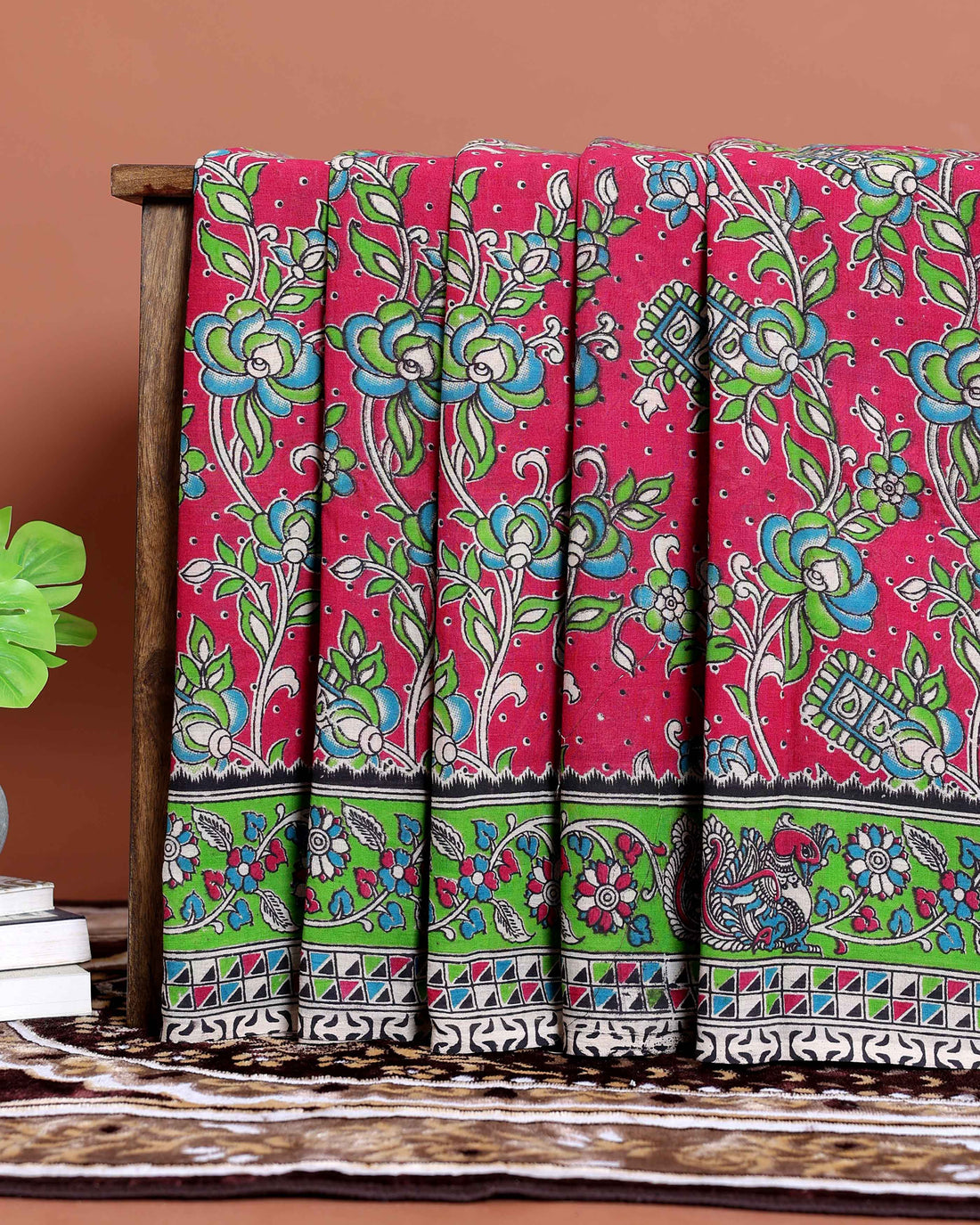 Hand-painted Kalamkari Cotton Saree with Traditional Floral and Peacock Motifs - Red