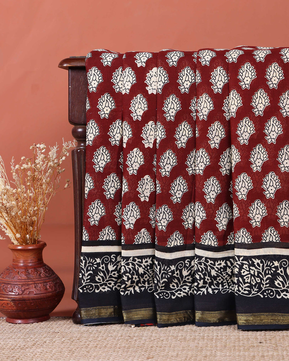 Hand Block Printed Mul Mul Cotton Saree with Elegant Floral Motifs - Maroon