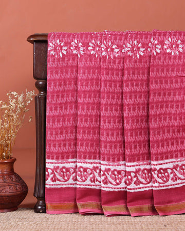 Hand Block Printed Mul Mul Cotton Saree with Floral and Contrast Border - Pink