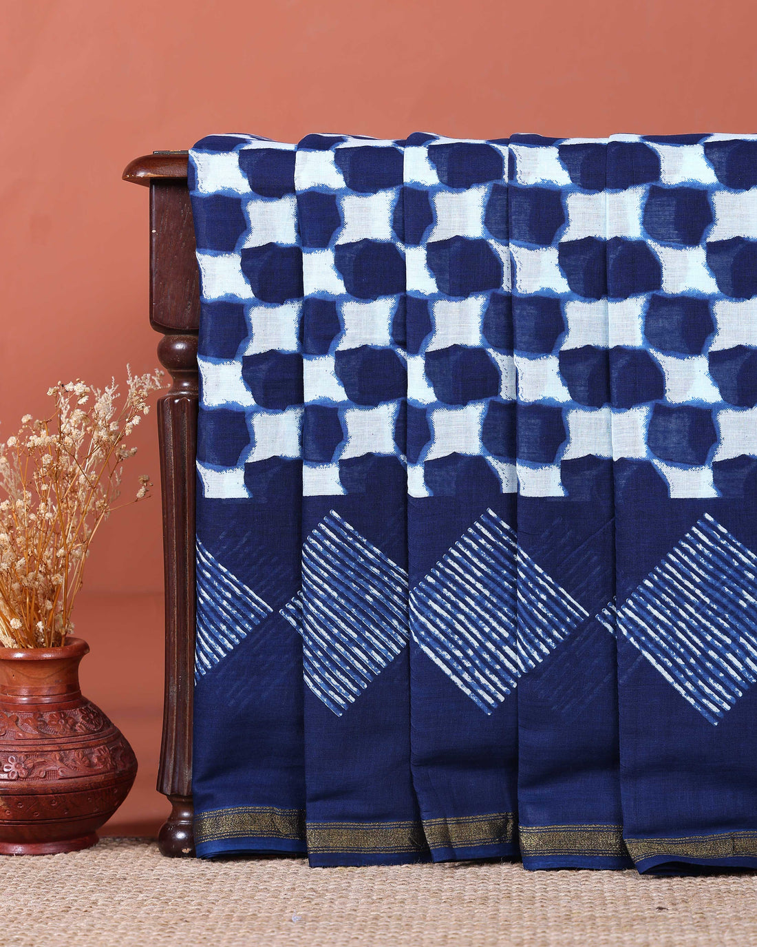 Hand Block Printed Mul Mul Cotton Saree with Geometric and Diamond Motifs - Blue