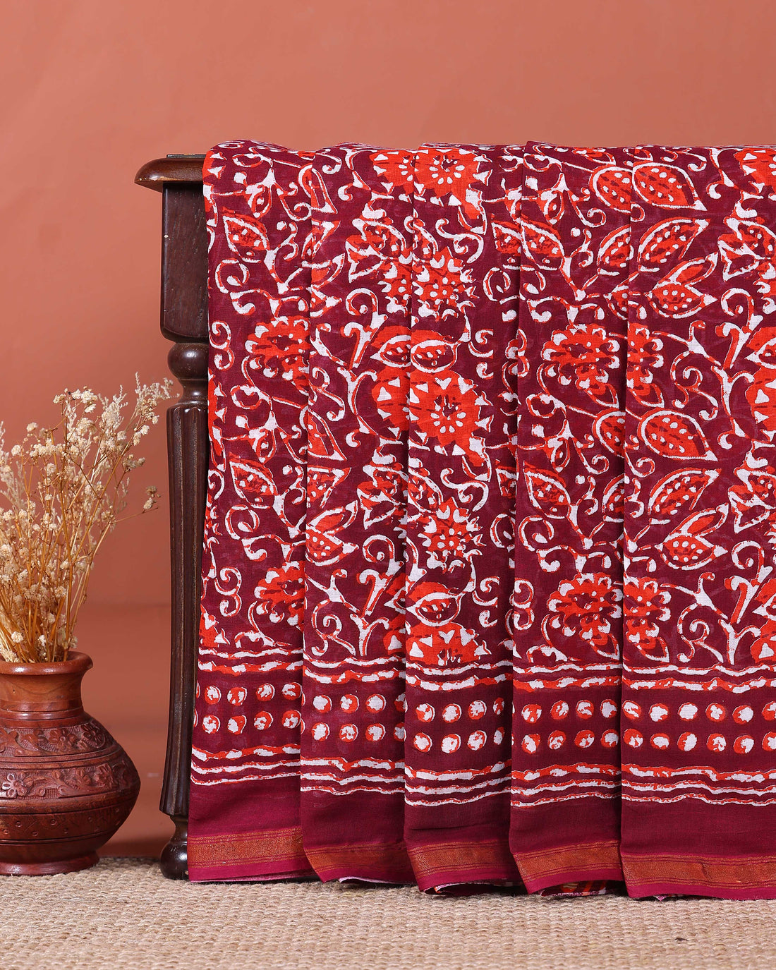 Hand Block Printed Mulmul Cotton Saree with Floral and Leaf Motifs - Maroon
