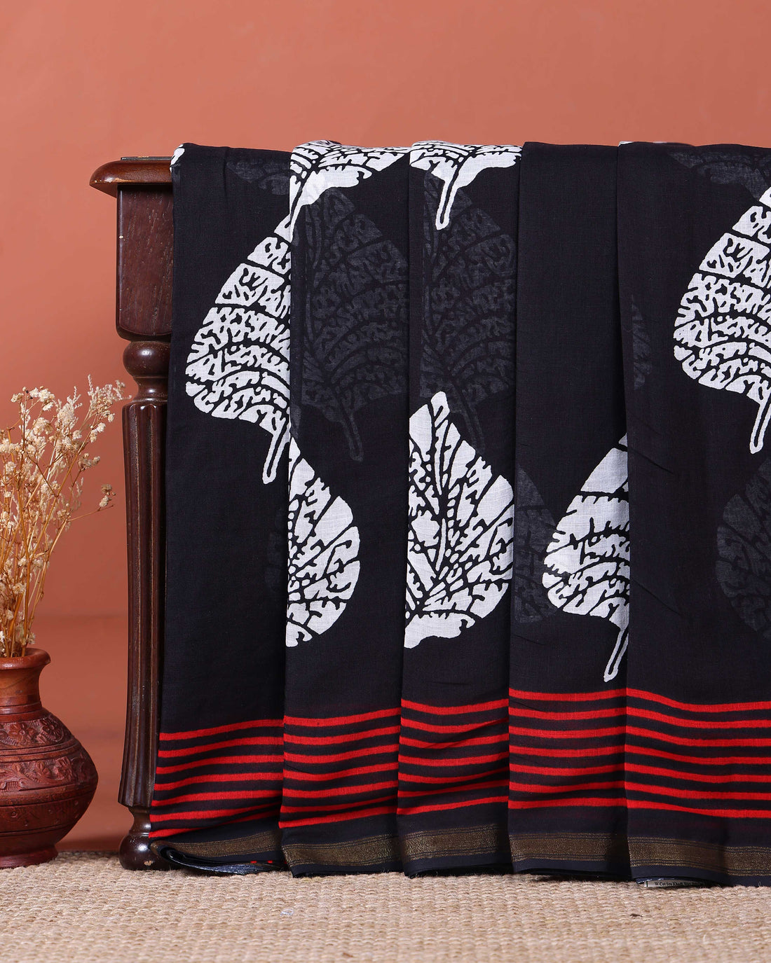 Hand Block Printed Mulmul Cotton Saree with Tree Motif and Striped Border - Black