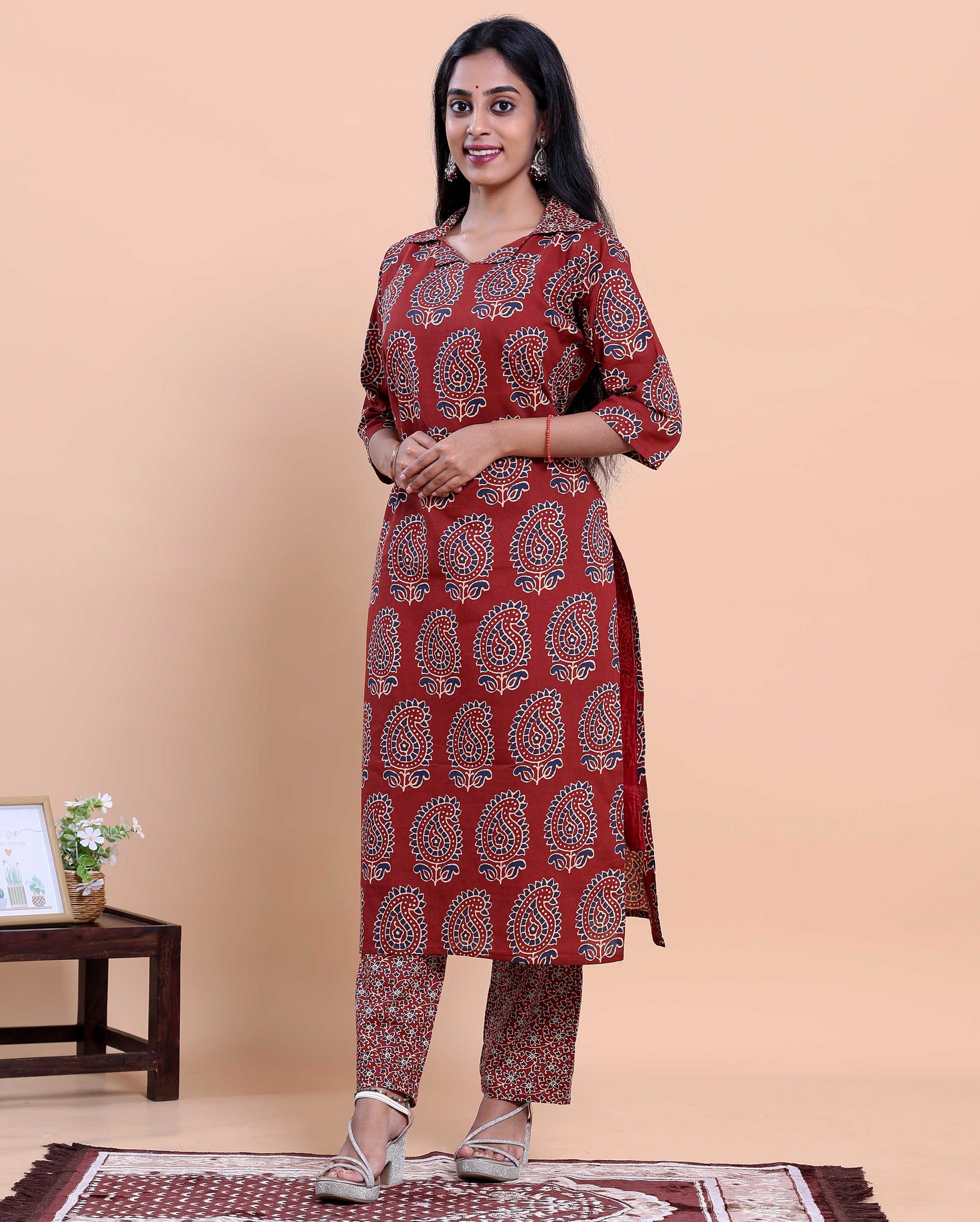 Women's Handblock Printed Kurta with Palazzo Set - Red