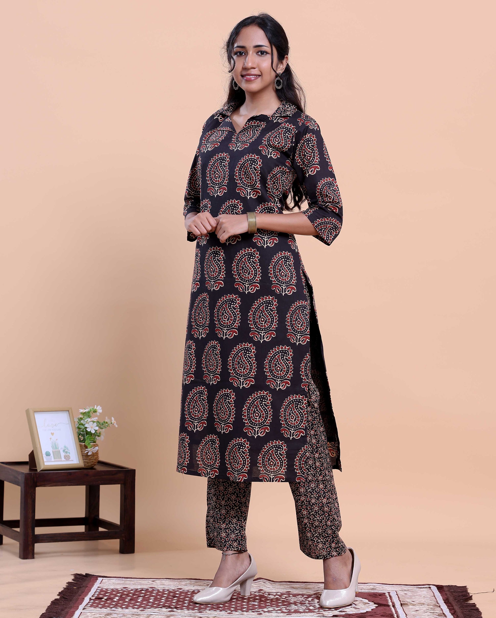 Women's Handblock Printed Kurta with Palazzo Set - Black
