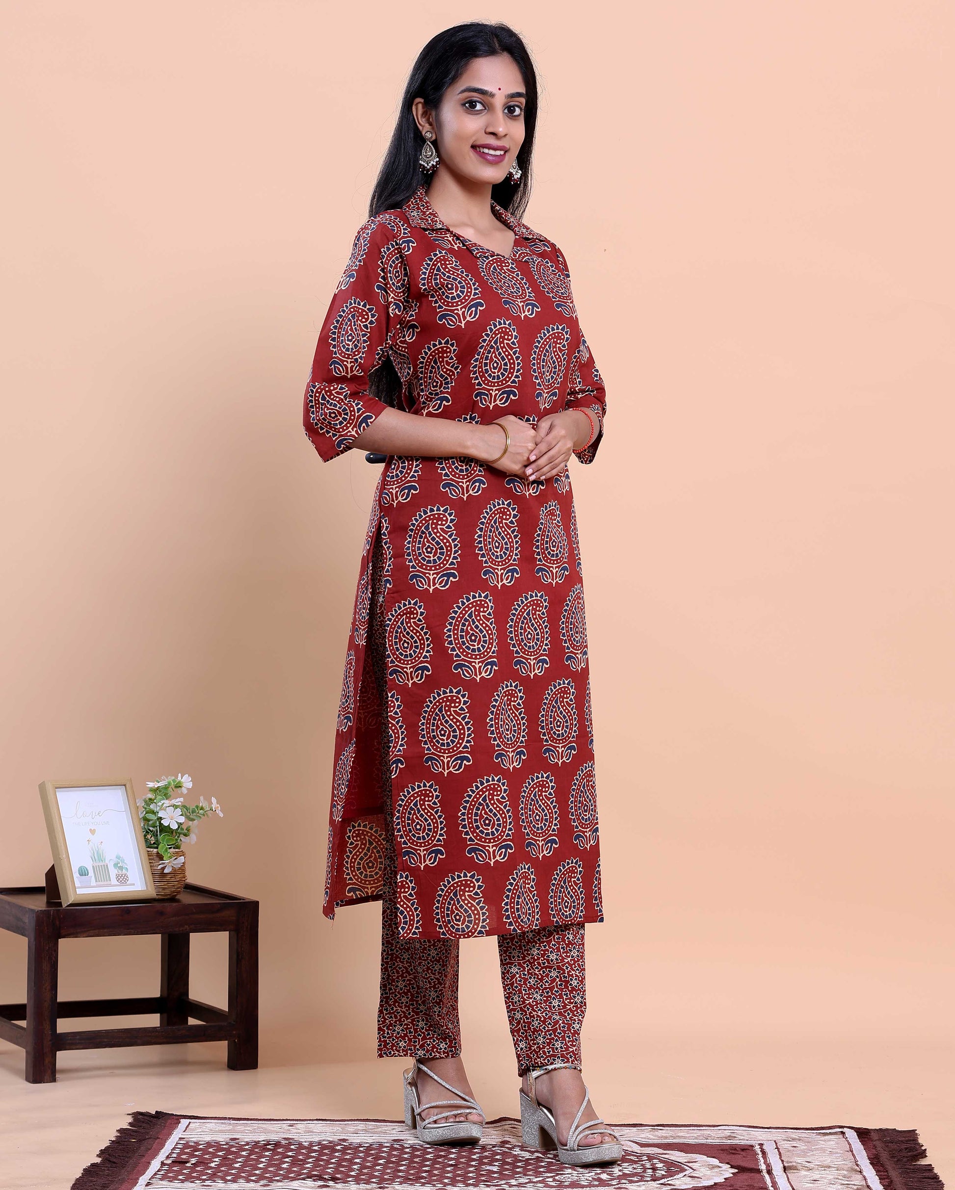 Women's Handblock Printed Kurta with Palazzo Set - Red