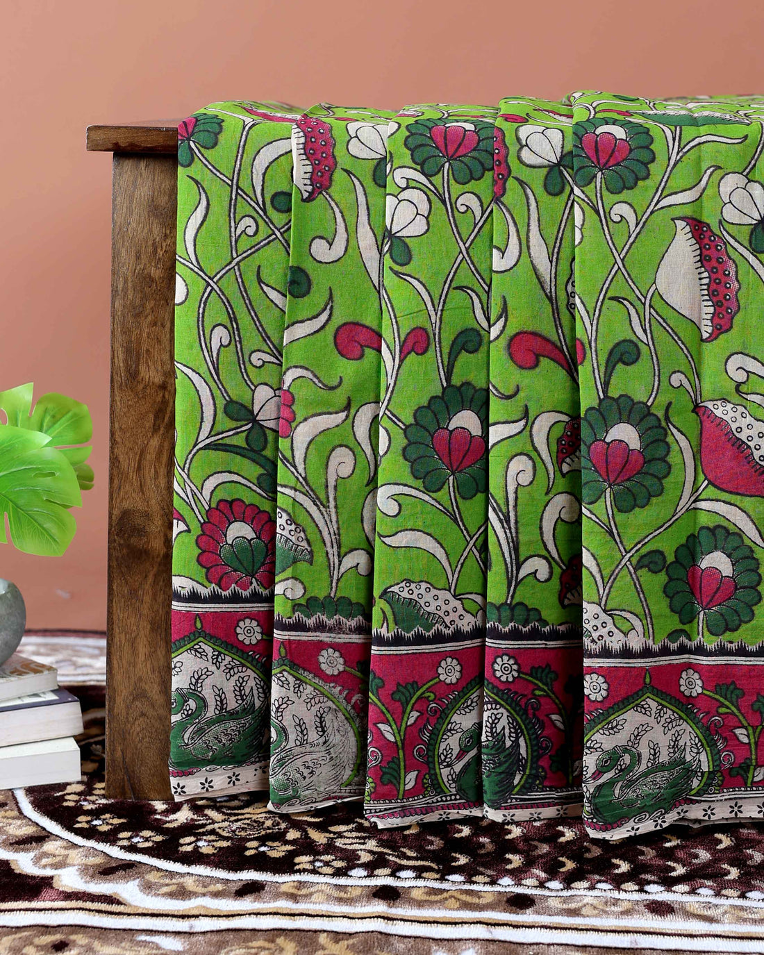 Handcrafted Kalamkari Cotton Saree with Traditional Floral & Avian Motifs  - Green