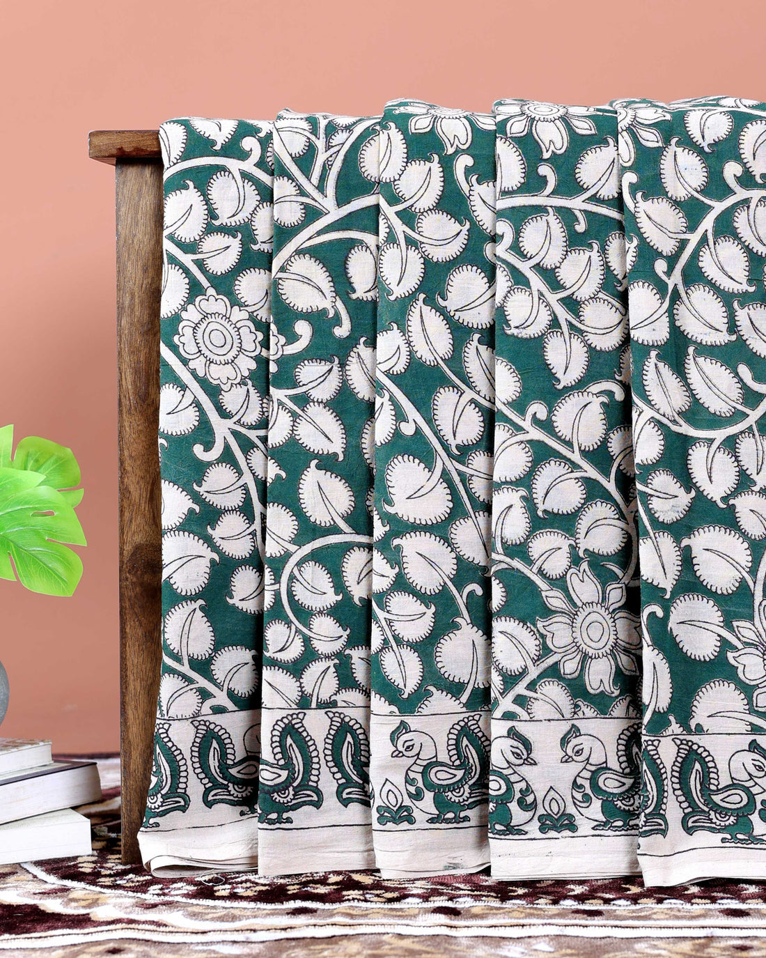 Handcrafted Kalamkari Pure Cotton Saree with Traditional Motifs - Dark Green