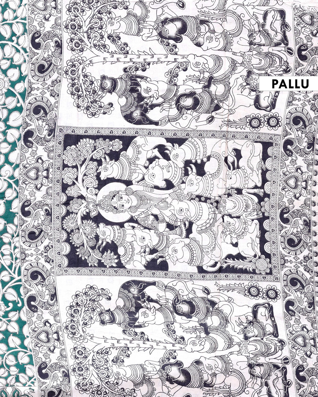 Handcrafted Kalamkari Pure Cotton Saree with Traditional Motifs - Dark Green