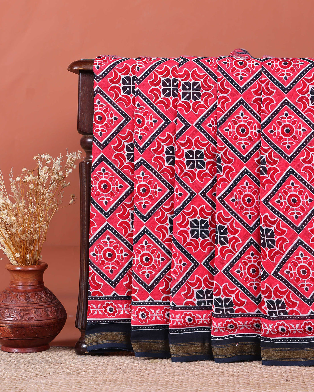 Handcrafted Mul Mul Cotton Saree with Traditional Ajrakh-Inspired Motifs - Red