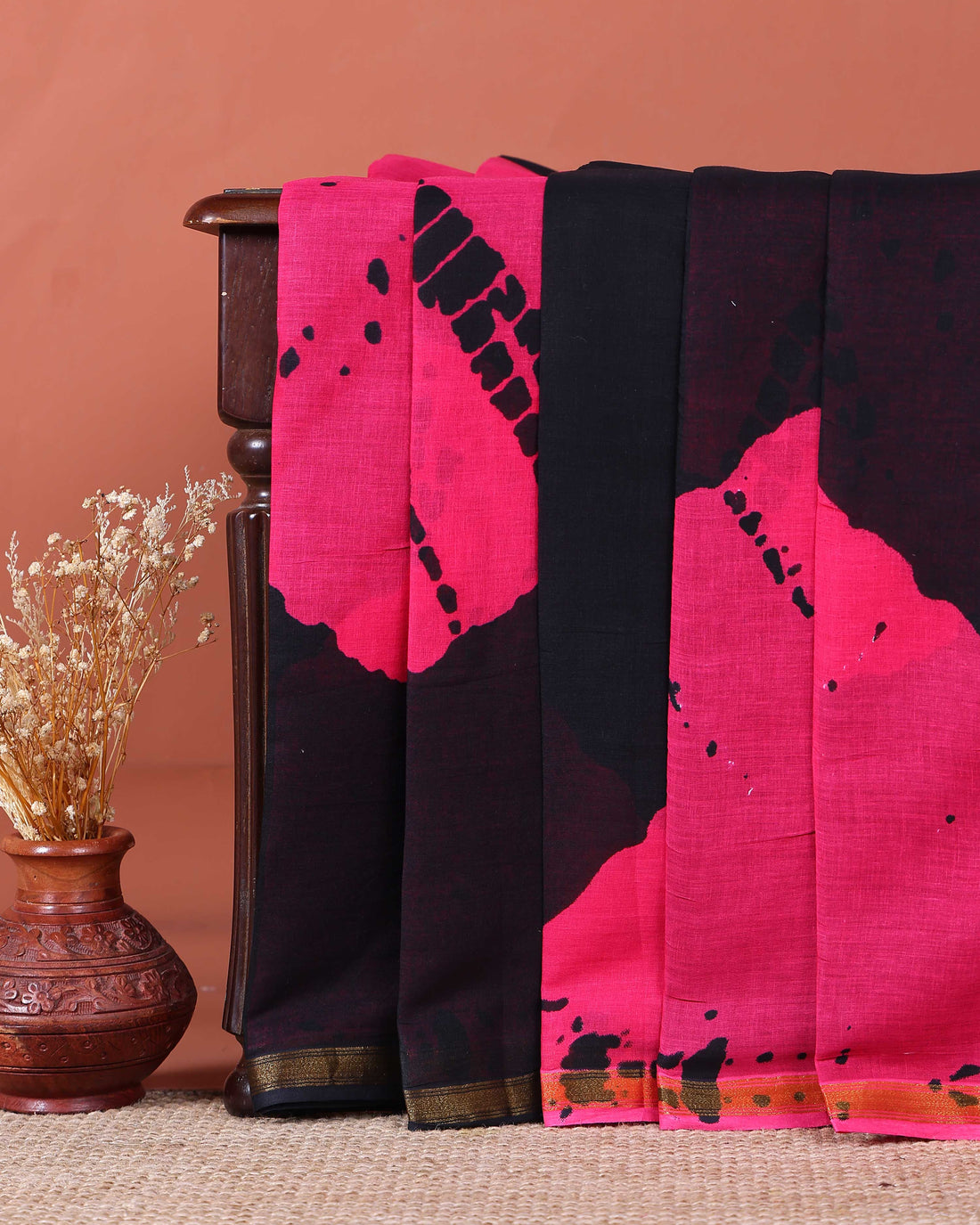 Handcrafted Mulmul Cotton Saree with Tie-Dye Inspired Splatter Print - Black