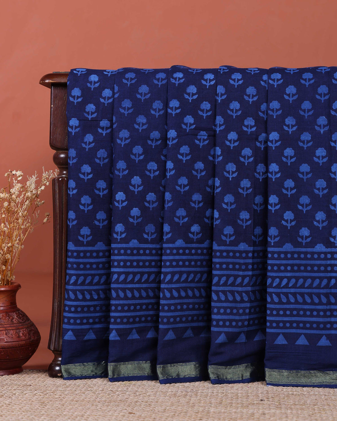Handcrafted Mulmul Cotton Saree with Traditional Floral and Geometric Block Prints - Blue