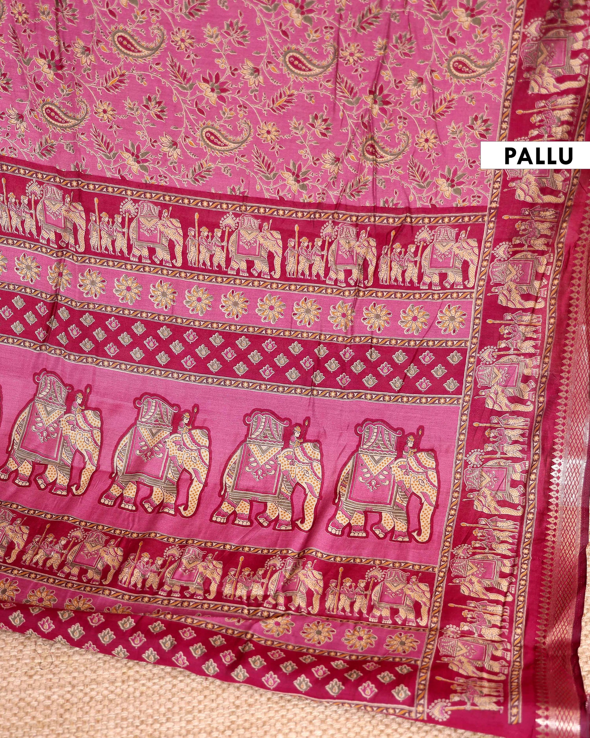 Handcrafted Semi Chanderi Saree Featuring Floral Butta Pattern and Elephant Motif Pallu - Pink