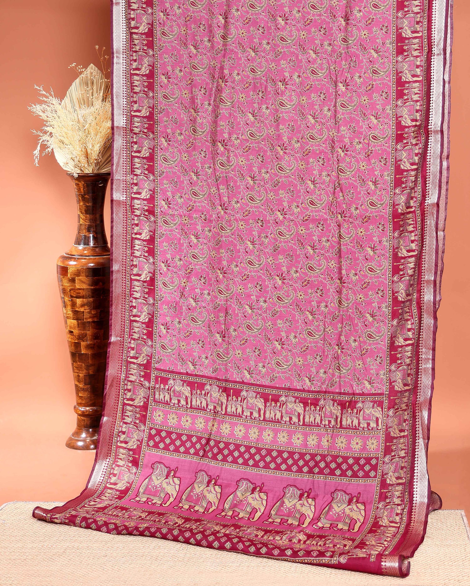 Handcrafted Semi Chanderi Saree Featuring Floral Butta Pattern and Elephant Motif Pallu - Pink
