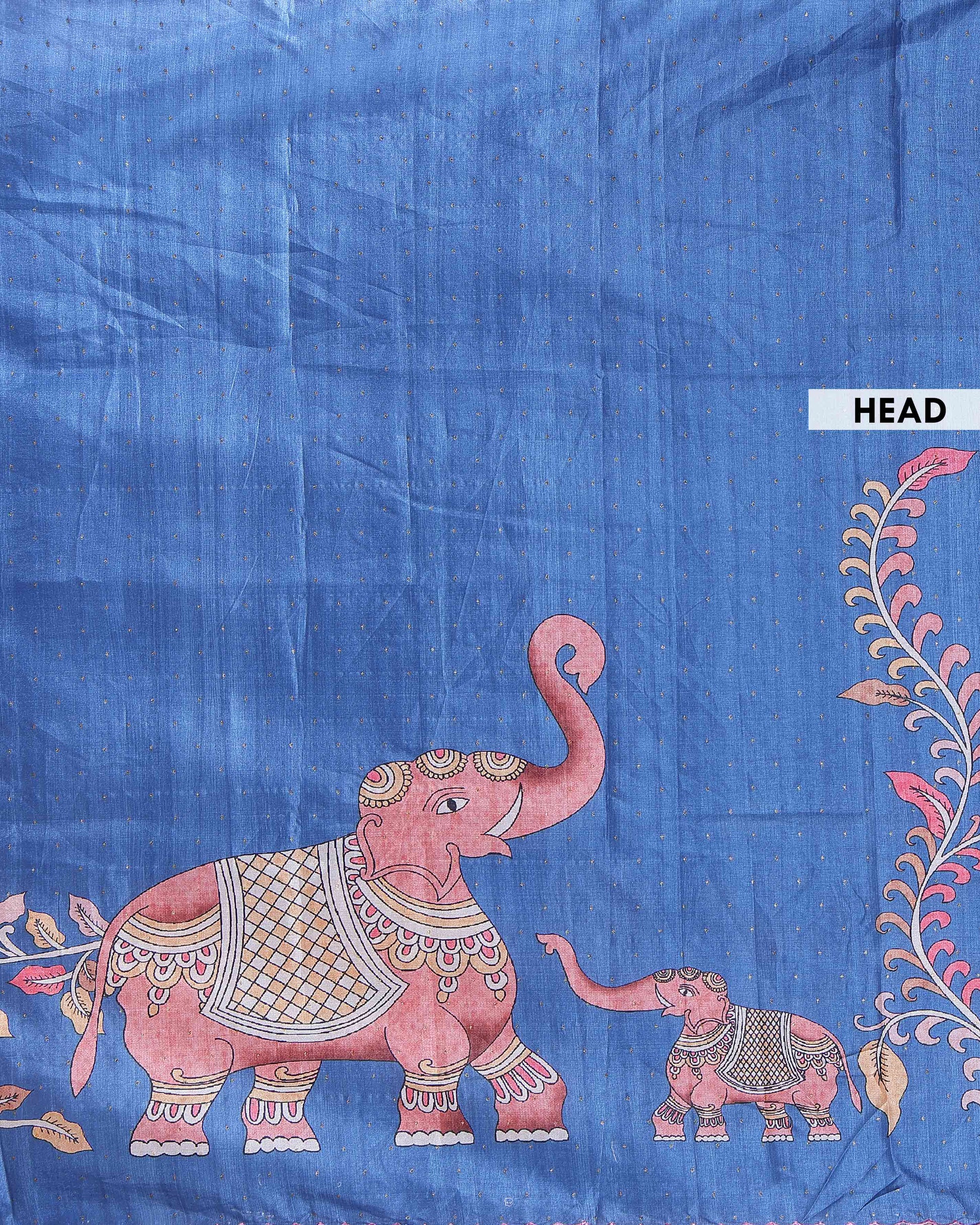 Handcrafted Semi Tussar Silk Saree with Hand-Painted Elephant and Floral Motifs - Blue