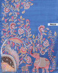 Handcrafted Semi Tussar Silk Saree with Hand-Painted Elephant and Floral Motifs - Blue
