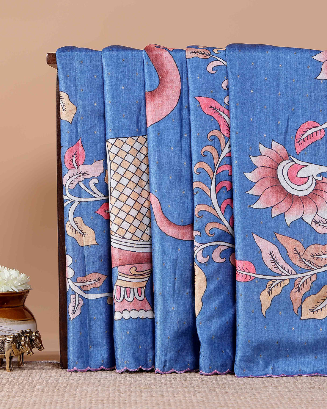 Handcrafted Semi Tussar Silk Saree with Hand-Painted Elephant and Floral Motifs - Blue