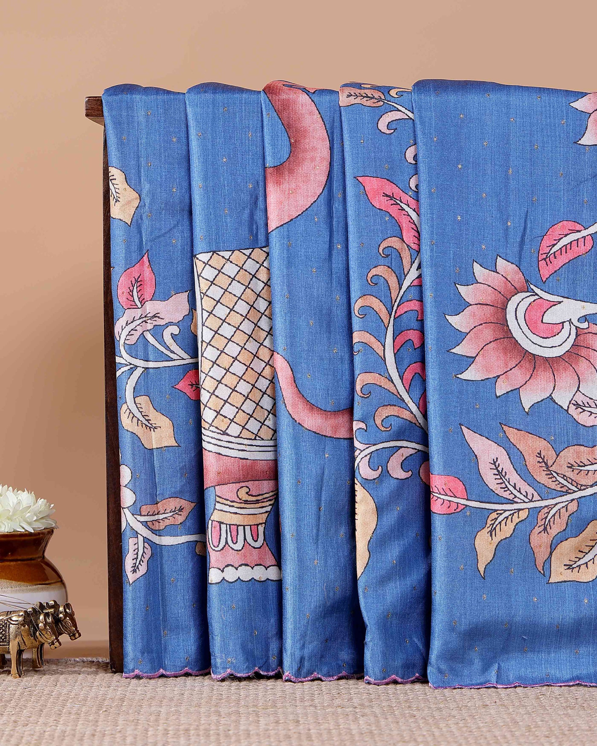 Handcrafted Semi Tussar Silk Saree with Hand-Painted Elephant and Floral Motifs - Blue