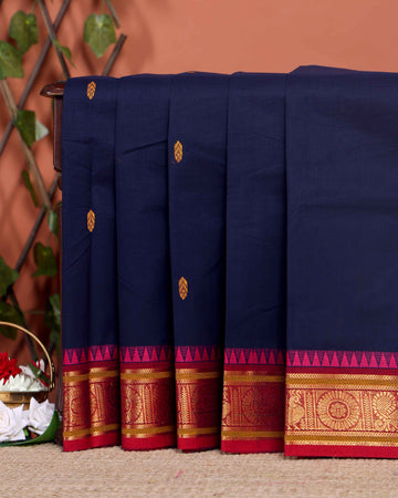 Handloom Chettinad Cotton Saree with Traditional Zari Border and Peacock Motifs - Navy Blue