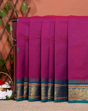 Handloom Chettinad Cotton Saree with Traditional Zari Border and Peacock Motifs - Purple