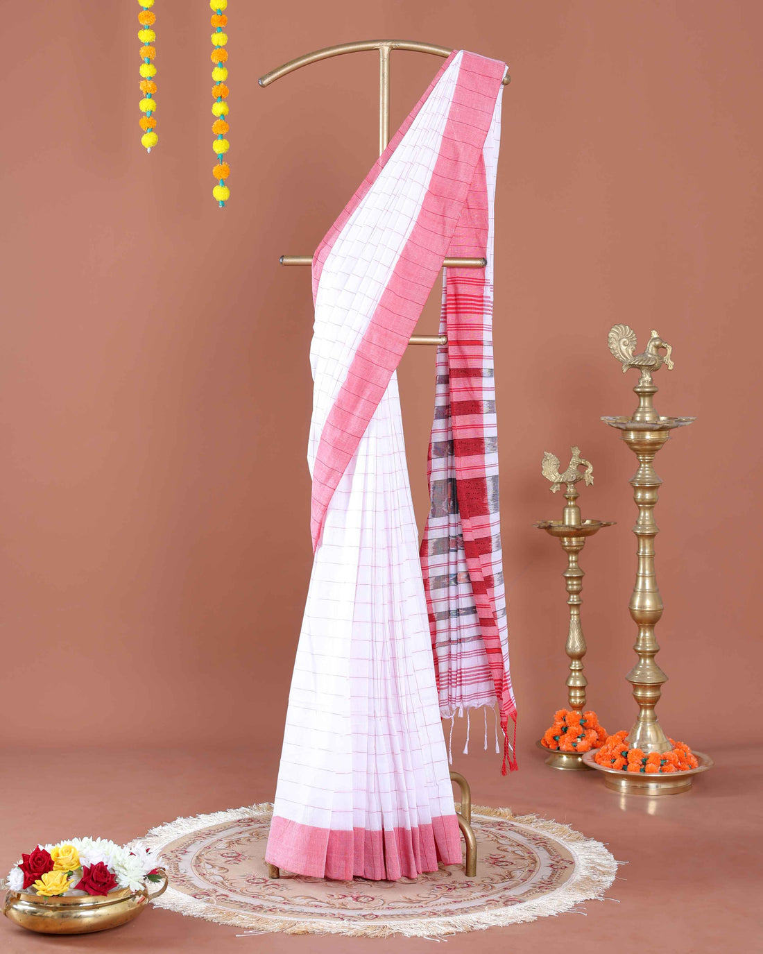Handloom Cotton Saree with Checkered Body and Striped Pallu - Off White