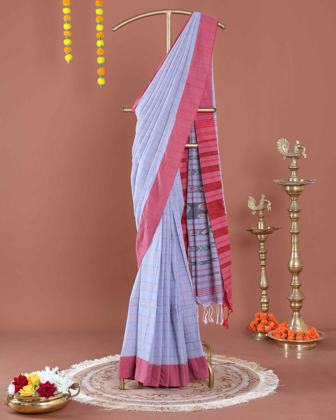 Handloom Cotton Saree with Striped Pattern and Contrasting Border - Lavender