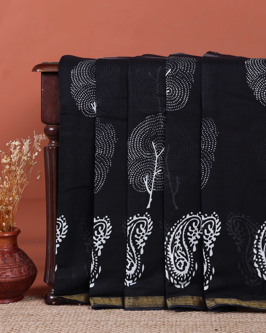 Handloom Hand-Block Printed Mulmul Cotton Saree with Tree and Paisley Motifs - Black