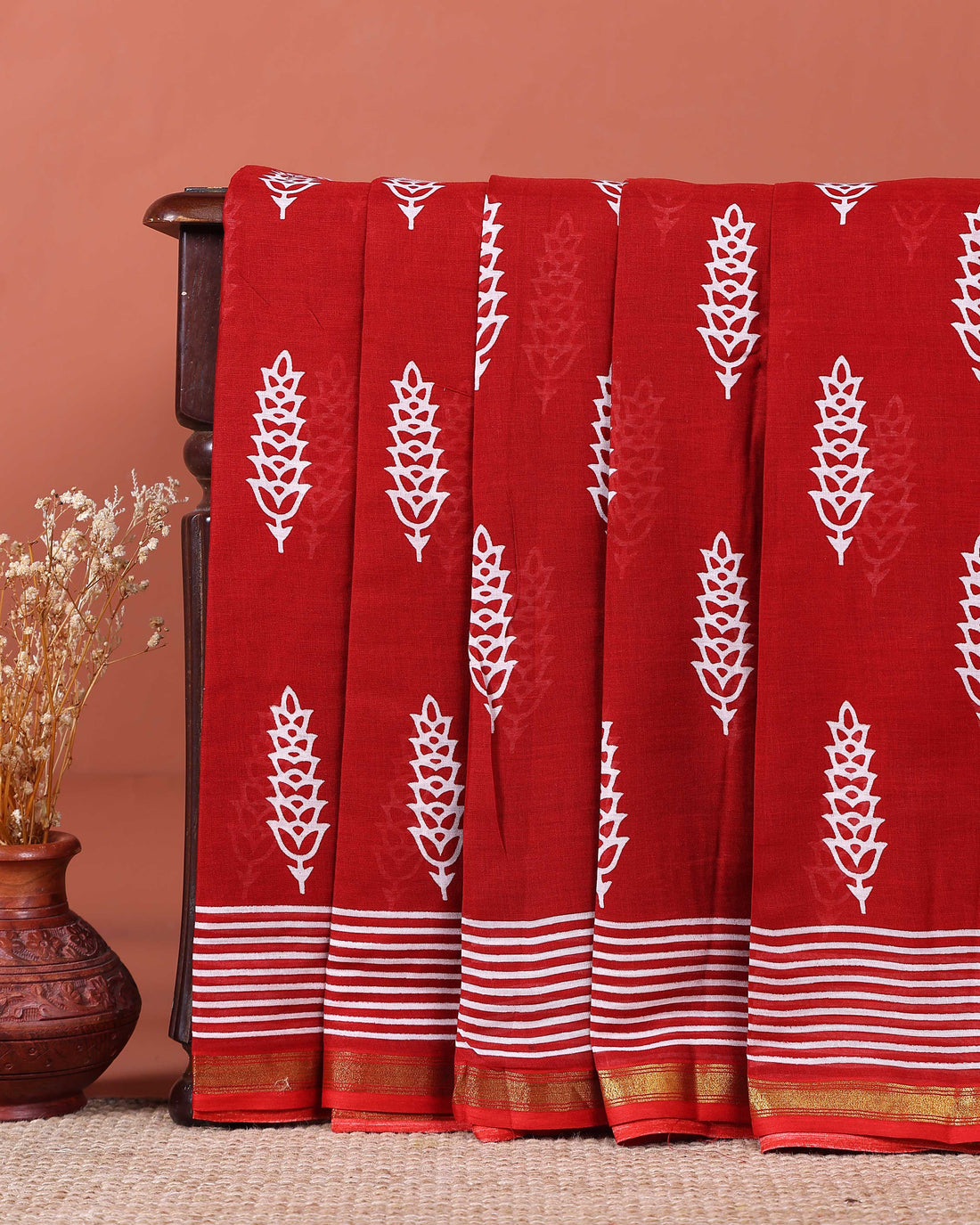 Handloom Hand Block Printed Mul Mul Cotton Saree with Striped Border - Red