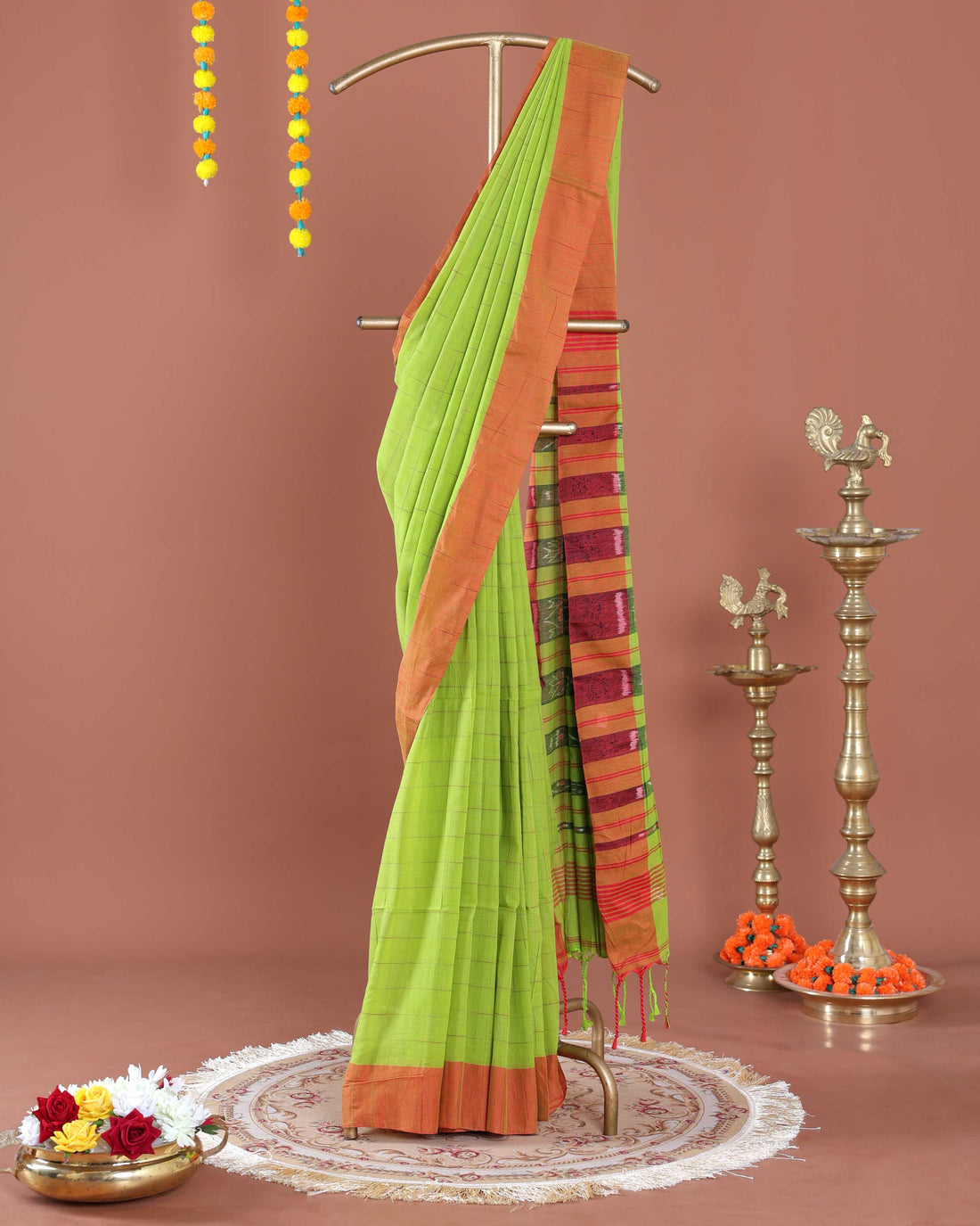 Handloom Ikkat Cotton Saree with Contrast Border and Striped Pallu - Green